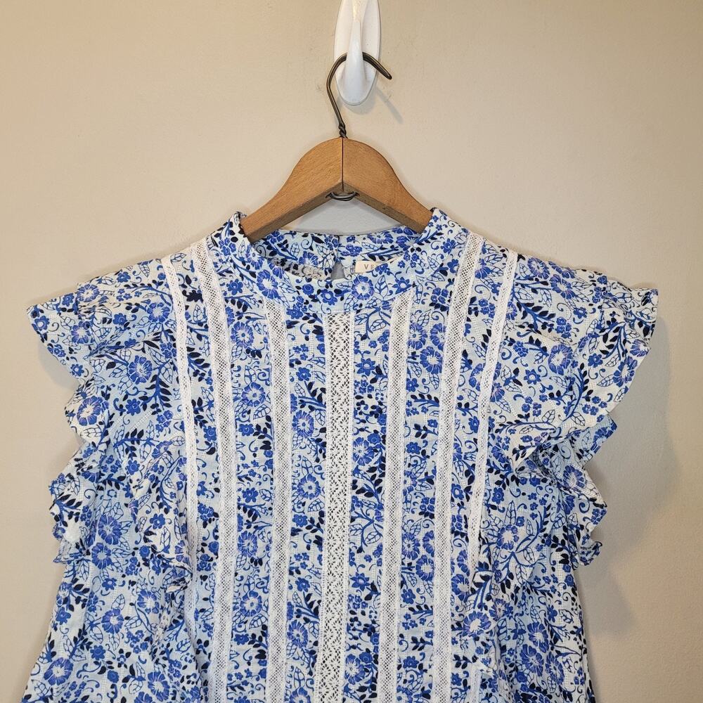 Veronica Beard Blue and White Sol Floral Ruffle High Neck Top Size 4 Cottagecore - Picture 4 of 11